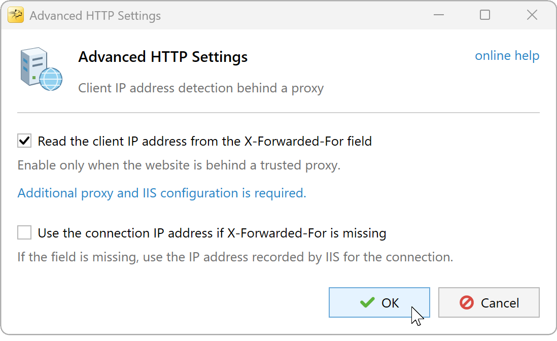 Advanced HTTP Settings with X-Forwarded-For enabled and connection IP fallback disabled