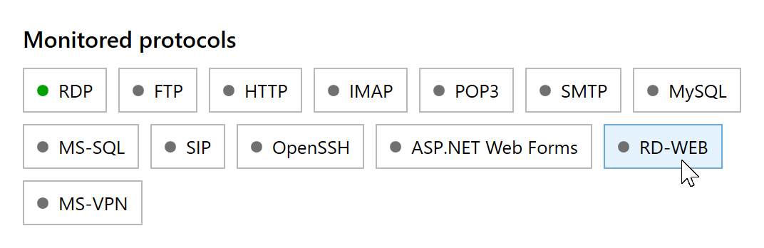 Disabled RD-WEB button in the Monitored protocols section of RdpGuard Dashboard