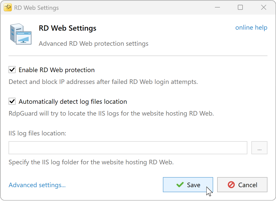 RD Web Settings with protection and automatic IIS log discovery enabled