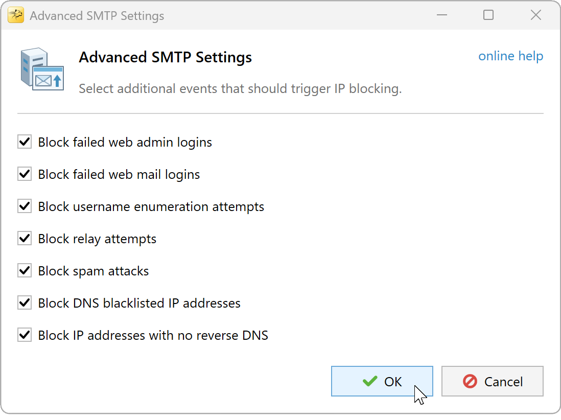 Advanced SMTP Settings with all seven additional event categories enabled