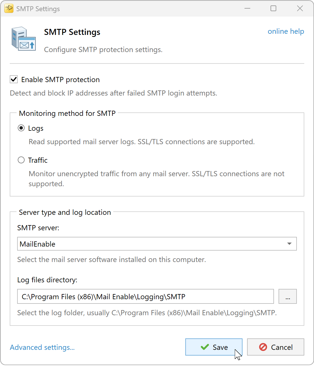 SMTP Settings with Logs selected and a MailEnable SMTP log folder