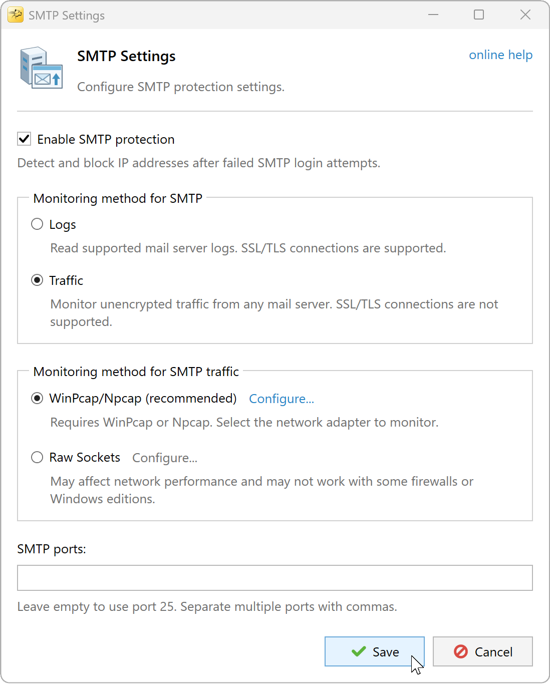 SMTP Settings with Traffic and WinPcap/Npcap selected and the SMTP ports field empty