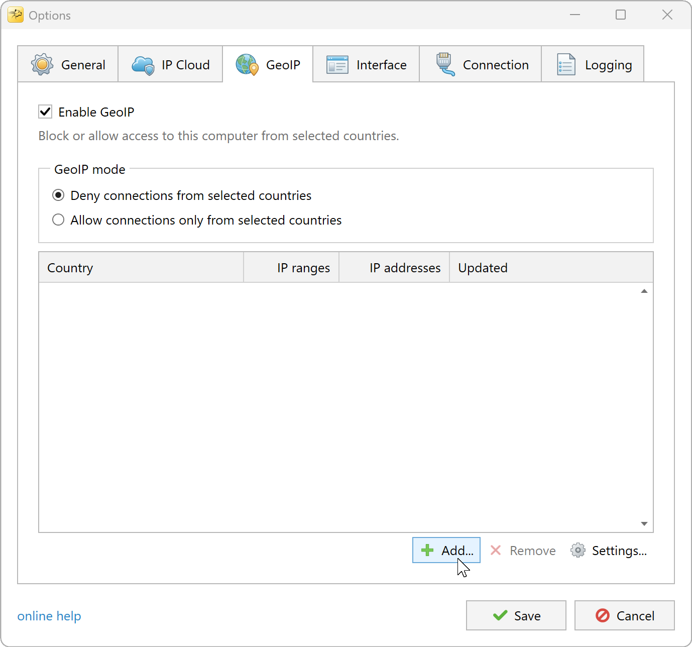 RdpGuard GeoIP settings in Deny mode with the Add button highlighted