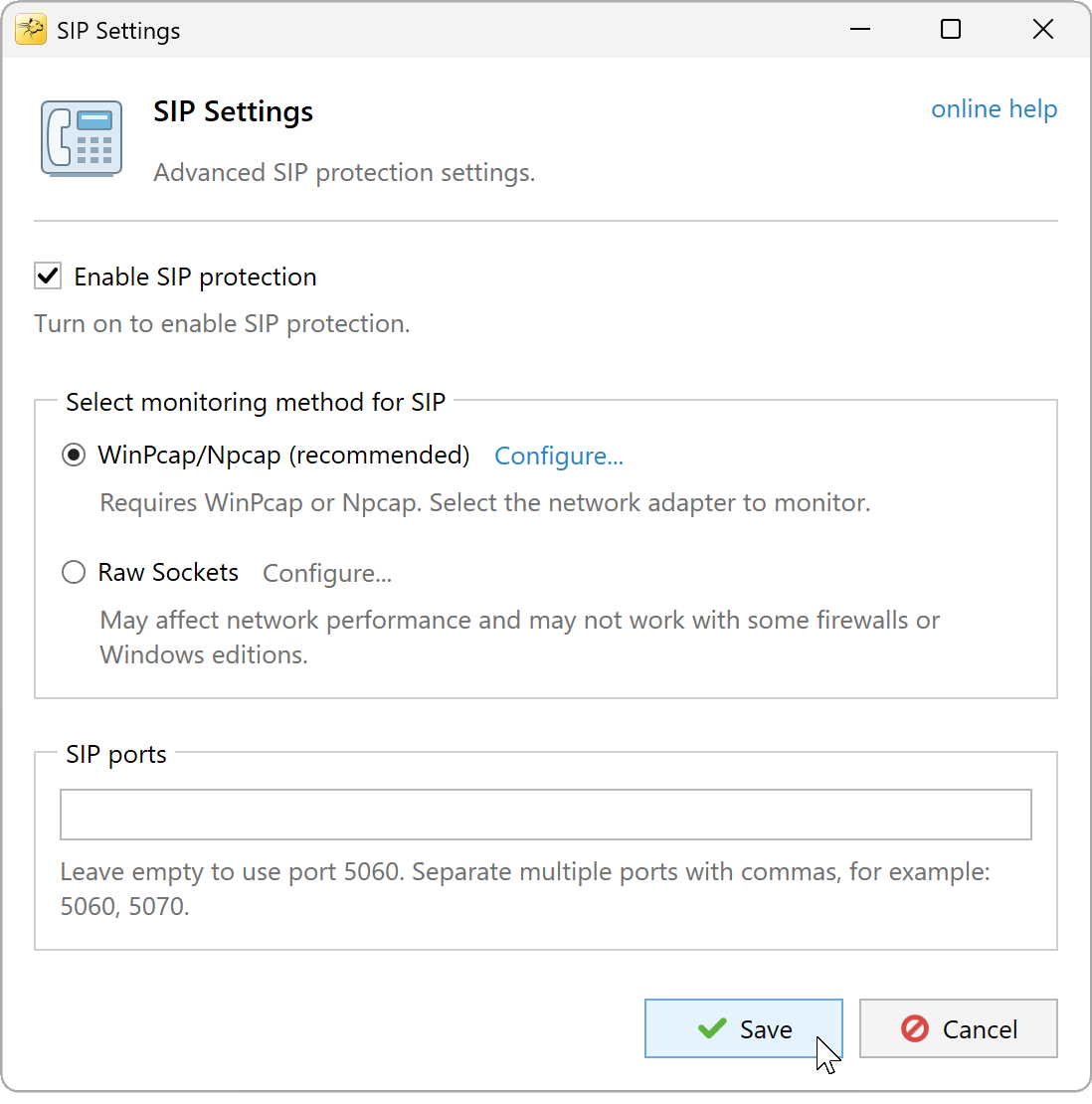 SIP Settings with protection enabled, WinPcap/Npcap selected and default SIP ports