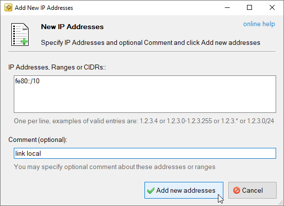 Screenshot of Add New IP Addresses Dialog