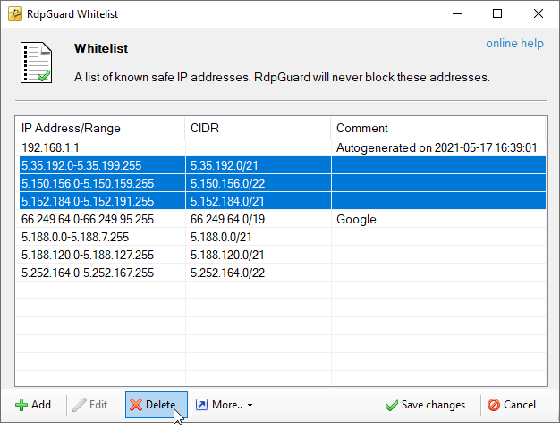 Delete IP address from Whitelist