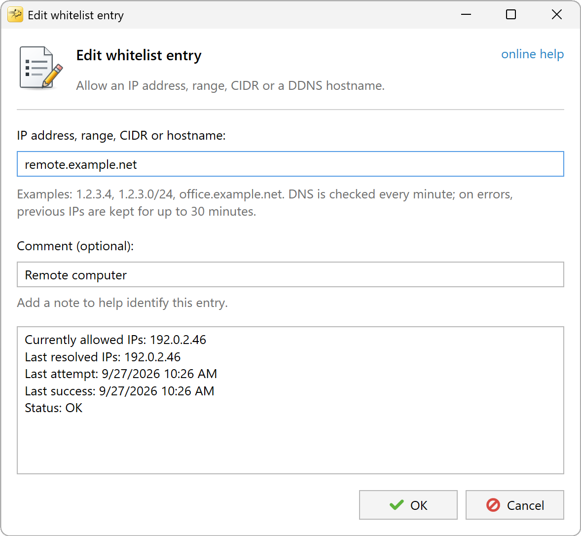 Edit whitelist entry showing the hostname's allowed IP addresses and DNS status