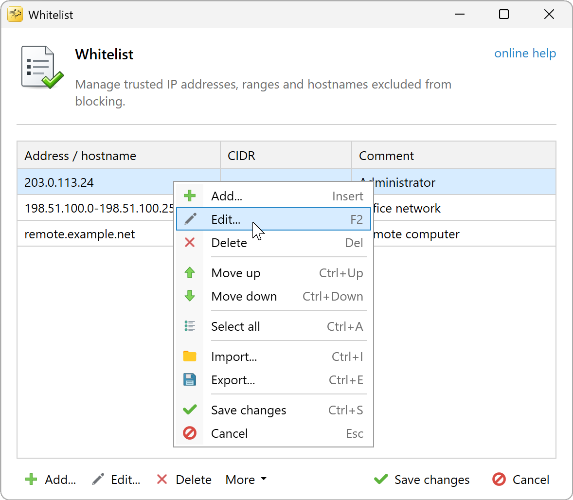 Whitelist context menu with Edit and Delete commands