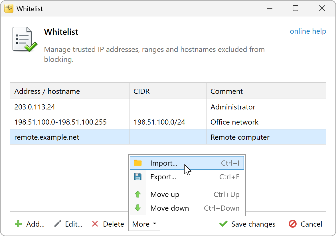 Whitelist More menu with Import and Export commands